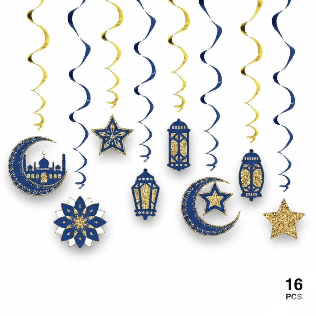 Ramadan & Eid Spiral Hanging Decorations – Blue & Gold (16 pcs) - Palestine Market