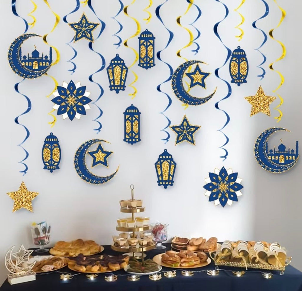 Ramadan & Eid Spiral Hanging Decorations – Blue & Gold (16 pcs) - Palestine Market