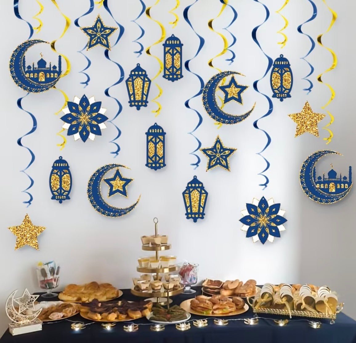 Ramadan & Eid Spiral Hanging Decorations – Blue & Gold (16 pcs) - Palestine Market